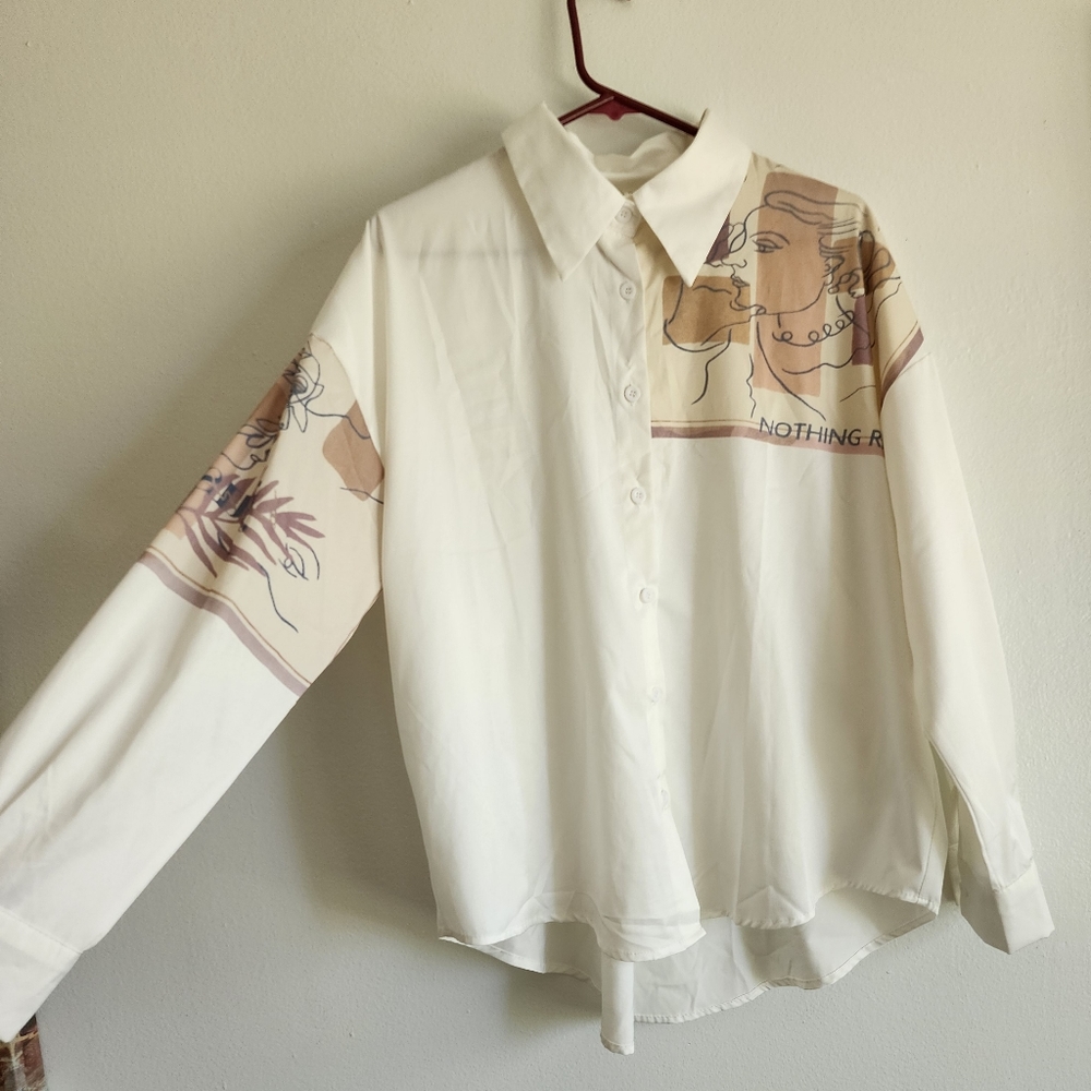 Abstract Painting Arty White Blouse Size M